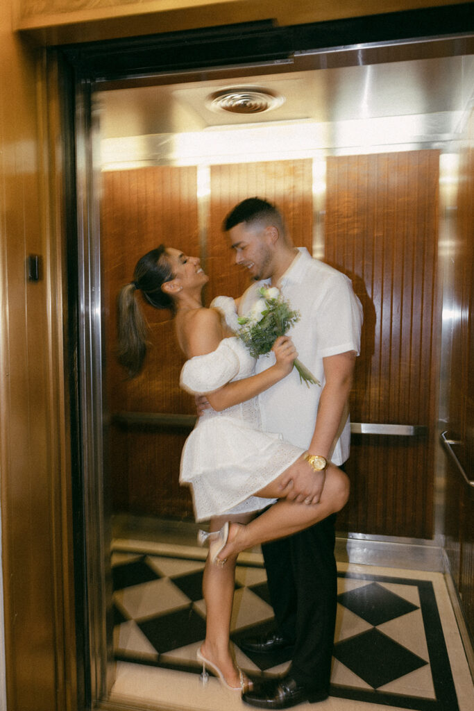 kissing elevator courthouse wedding pictures European aesthetic 