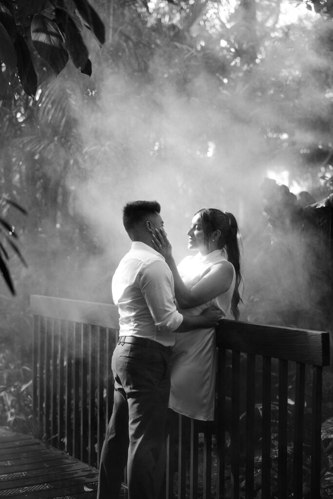 black and white misty dreamy garden engagement shoot destination wedding photographer