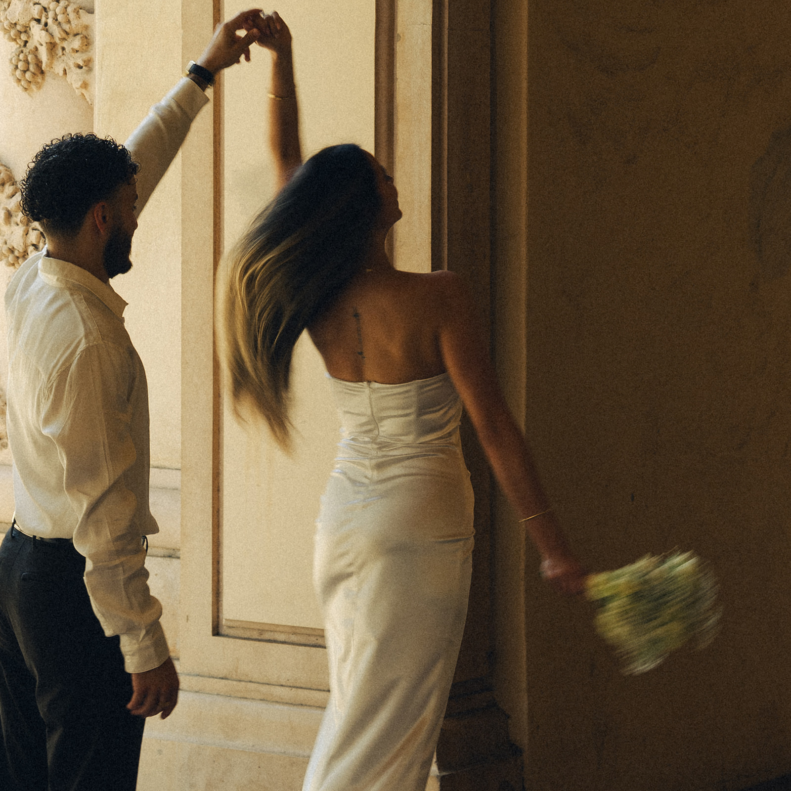 Balboa Park Elopement Photographer California Documentary Wedding Photographer Twirl Motion Blur & Bouquet