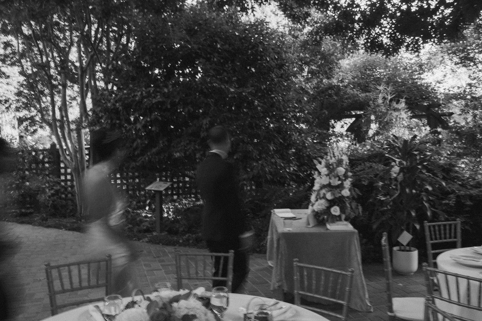 Gamble Garden Cocktail Hour Wedding Palo Alto California Wedding Photographer Motion blur b&W