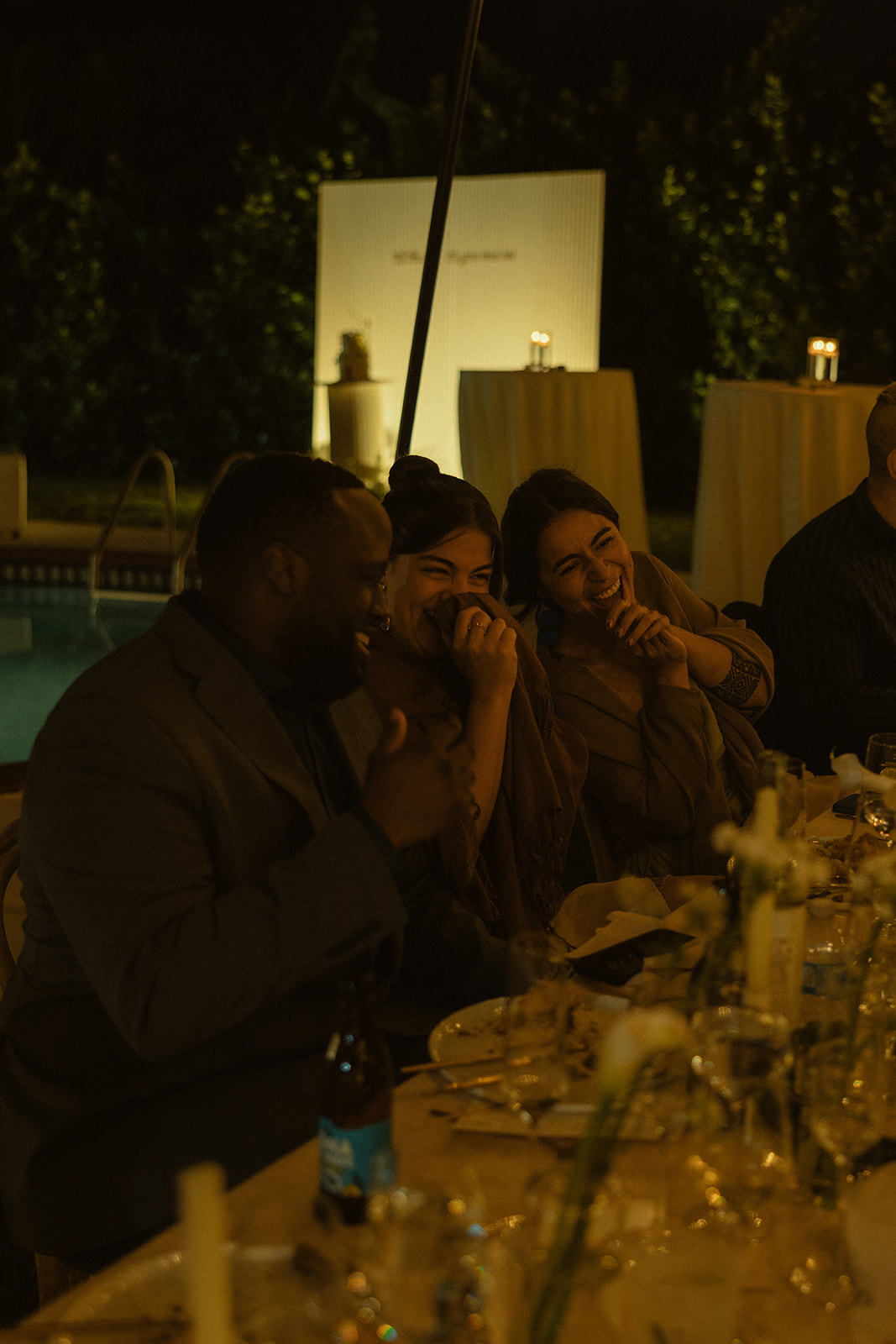 candlelit dinner laughing guests dreamy and elevated intimate backyard wedding by Aileen Ayala Photography 