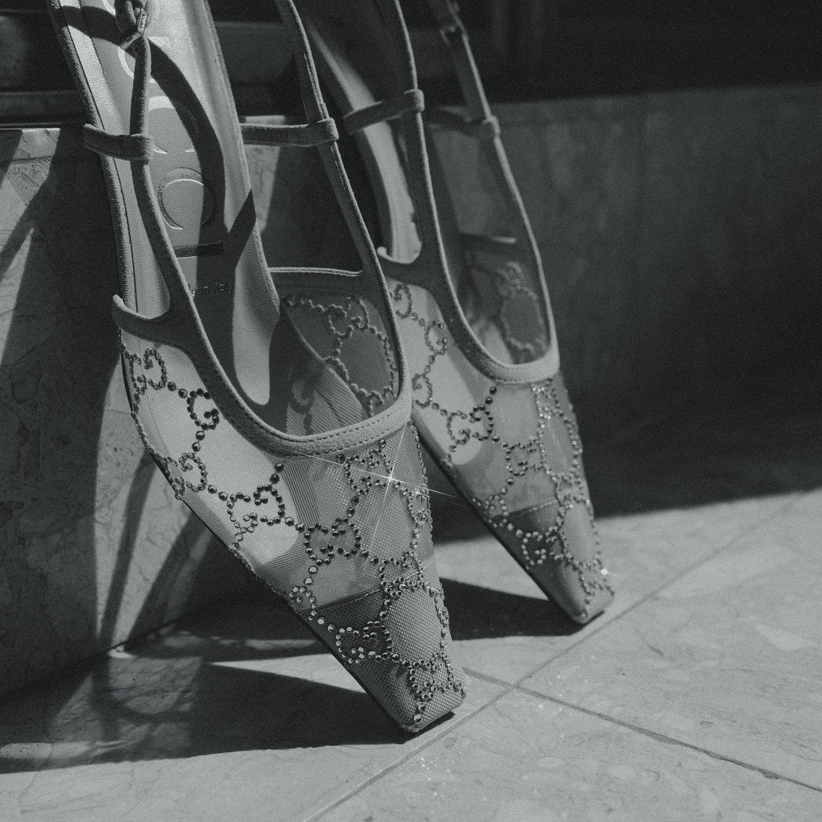 Bride Wedding Details Trendy Gucci Heels dreamy and elevated intimate backyard wedding by Aileen Ayala Photography Black and White