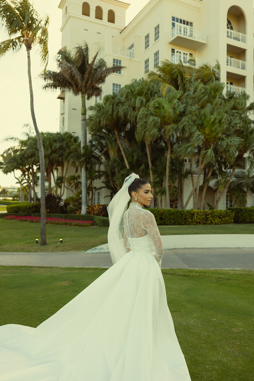 Solo Bridal Portraits in JW Turnberry Miami Golf Course. Elegant Mesh Turtle Neck Essense of Australia Wedding Dress. 