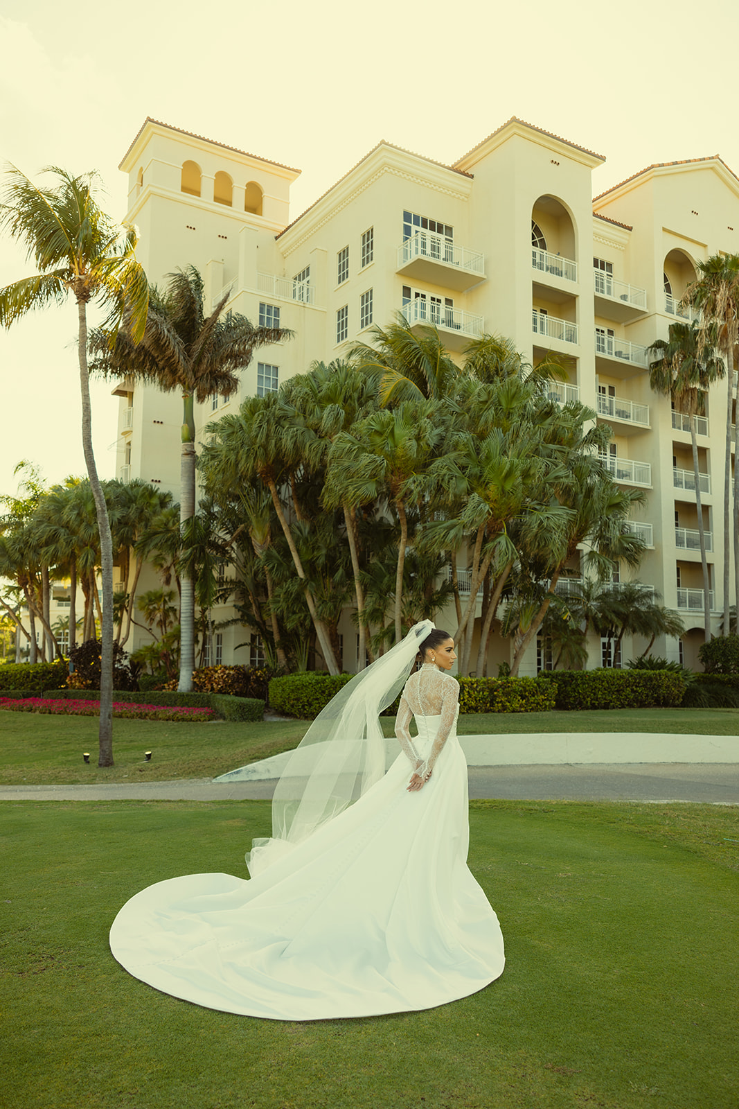 Editorial BRIDES Magazine Vibe Solo Bridal Portraits in JW Turnberry Miami Golf Course. Elegant Mesh Turtle Neck Essense of Australia Wedding Dress.