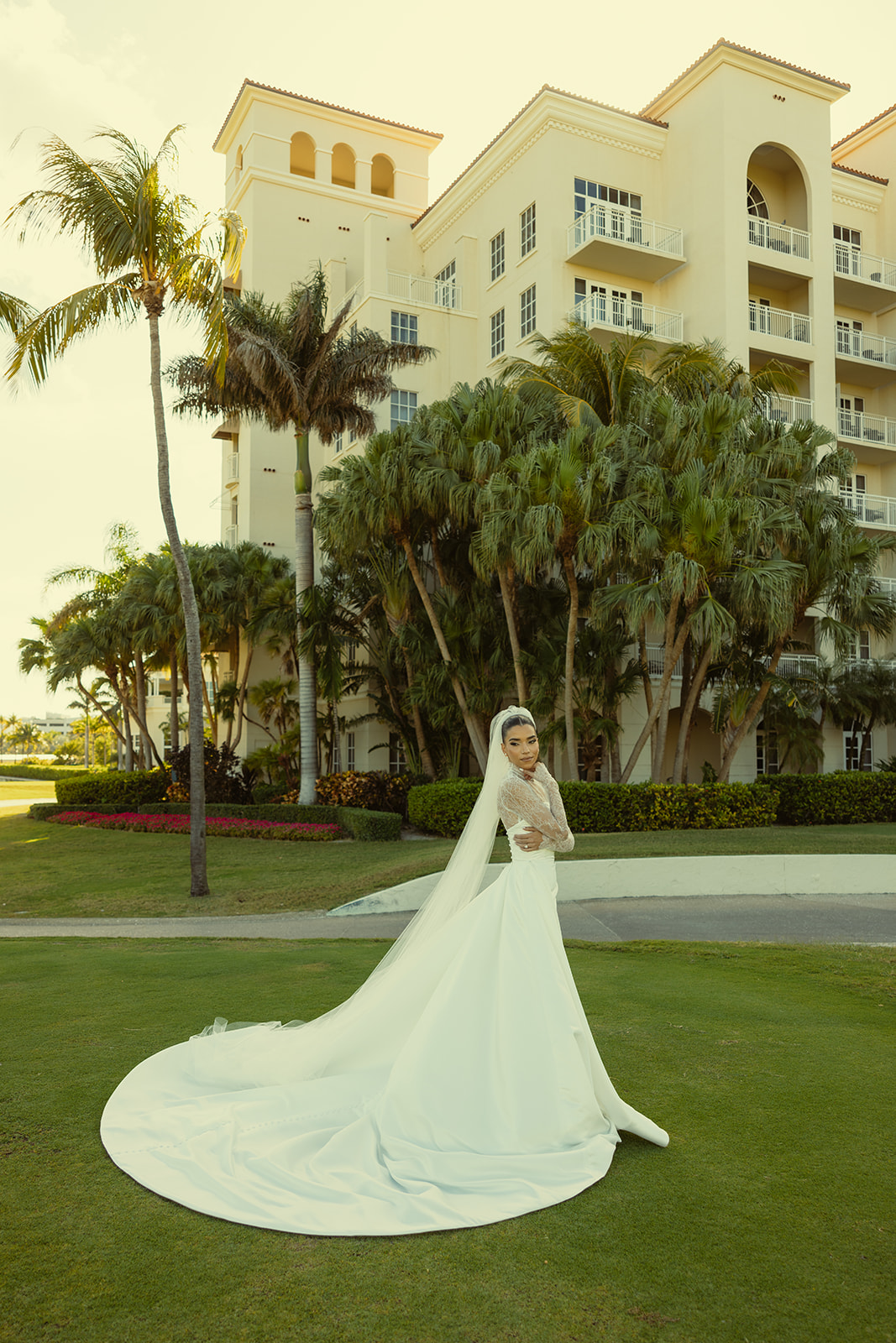 Editorial BRIDES Magazine Vibe Solo Bridal Portraits in JW Turnberry Miami Golf Course. Elegant Mesh Turtle Neck Essense of Australia Wedding Dress.