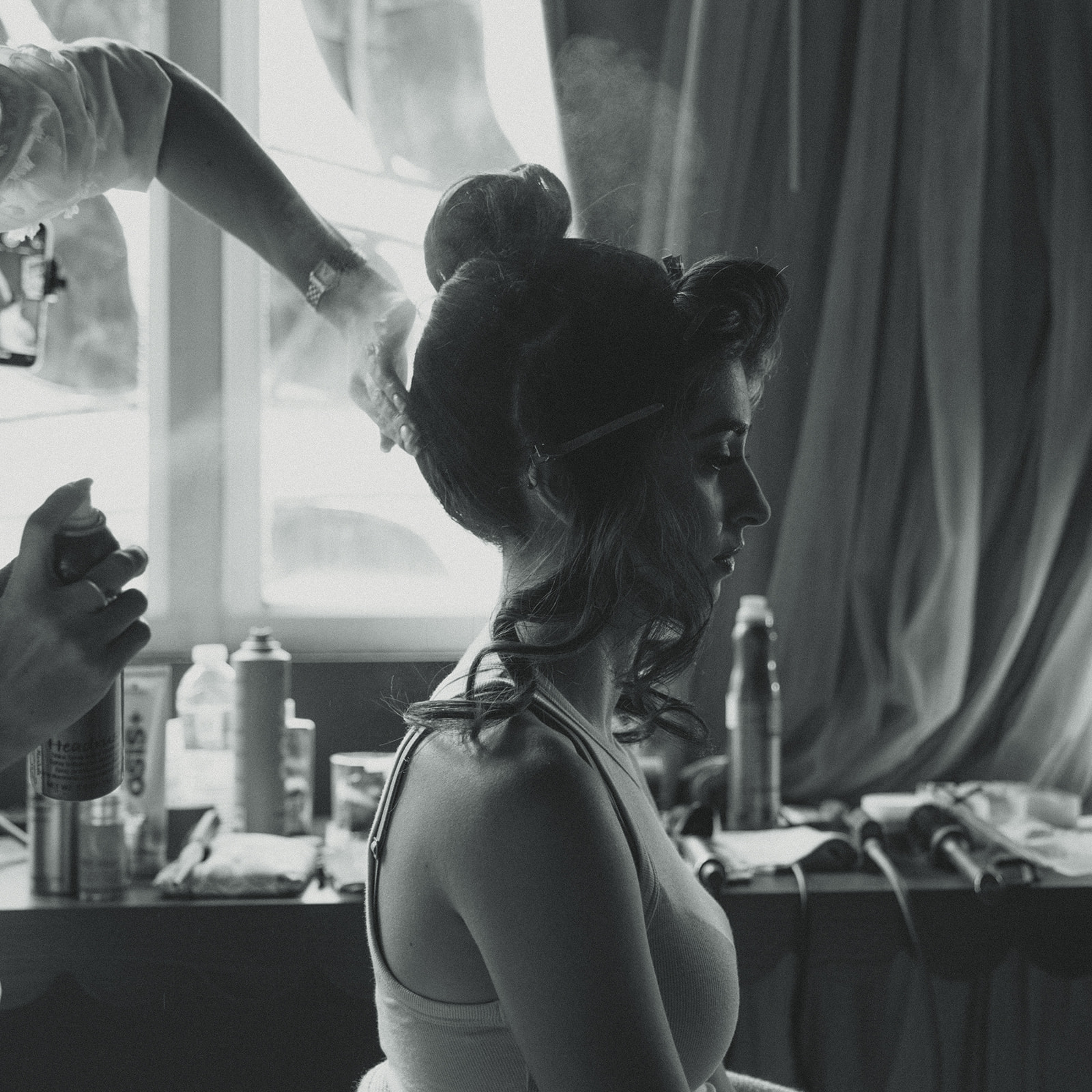 Bride Getting Ready Hair Hairspray Wedding in Mayfair Hotel & Garden