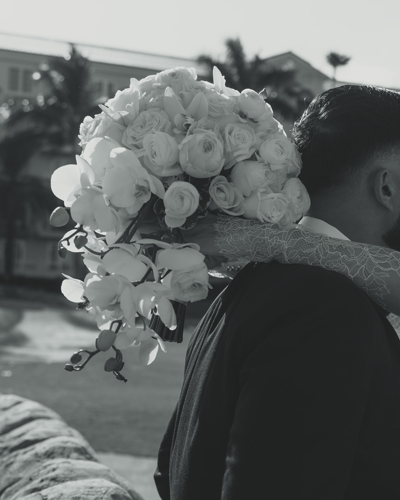 Editorial and Elegant Bridal Bouquet , White Roses and White Orchid Detail in JW Marriott Turnberry in Miami Florida. Documentary Wedding Photographer