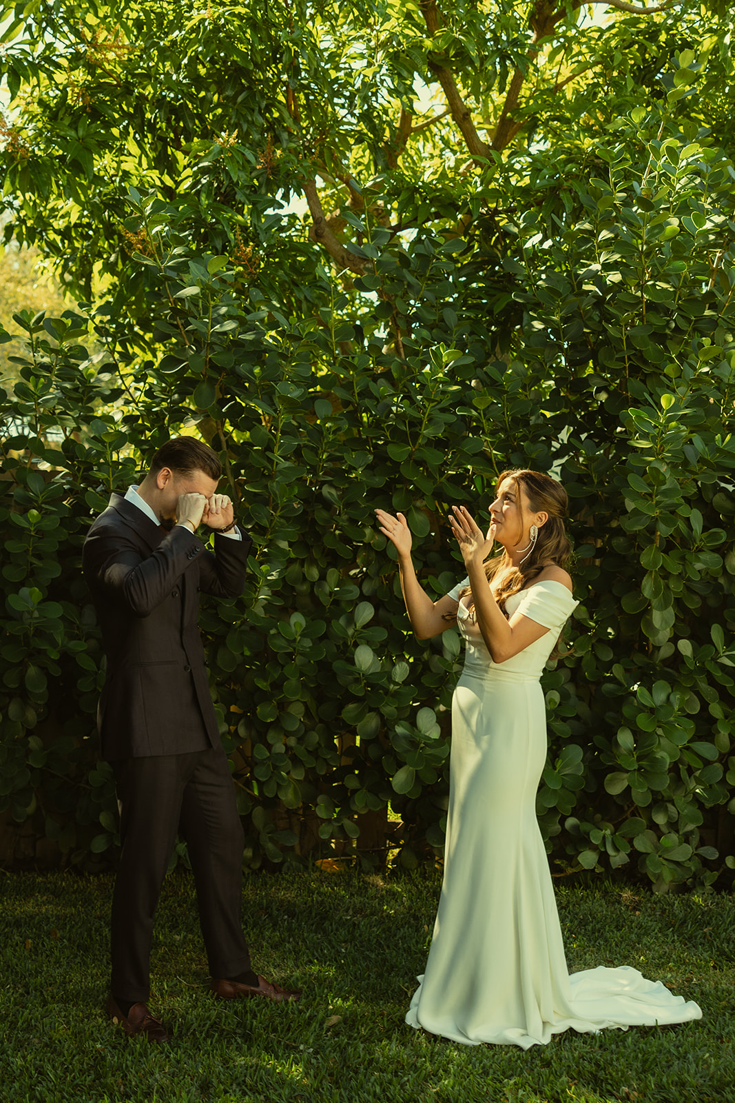 Emotional Bride & Groom First Look dreamy and elevated intimate backyard wedding by Aileen Ayala Photography