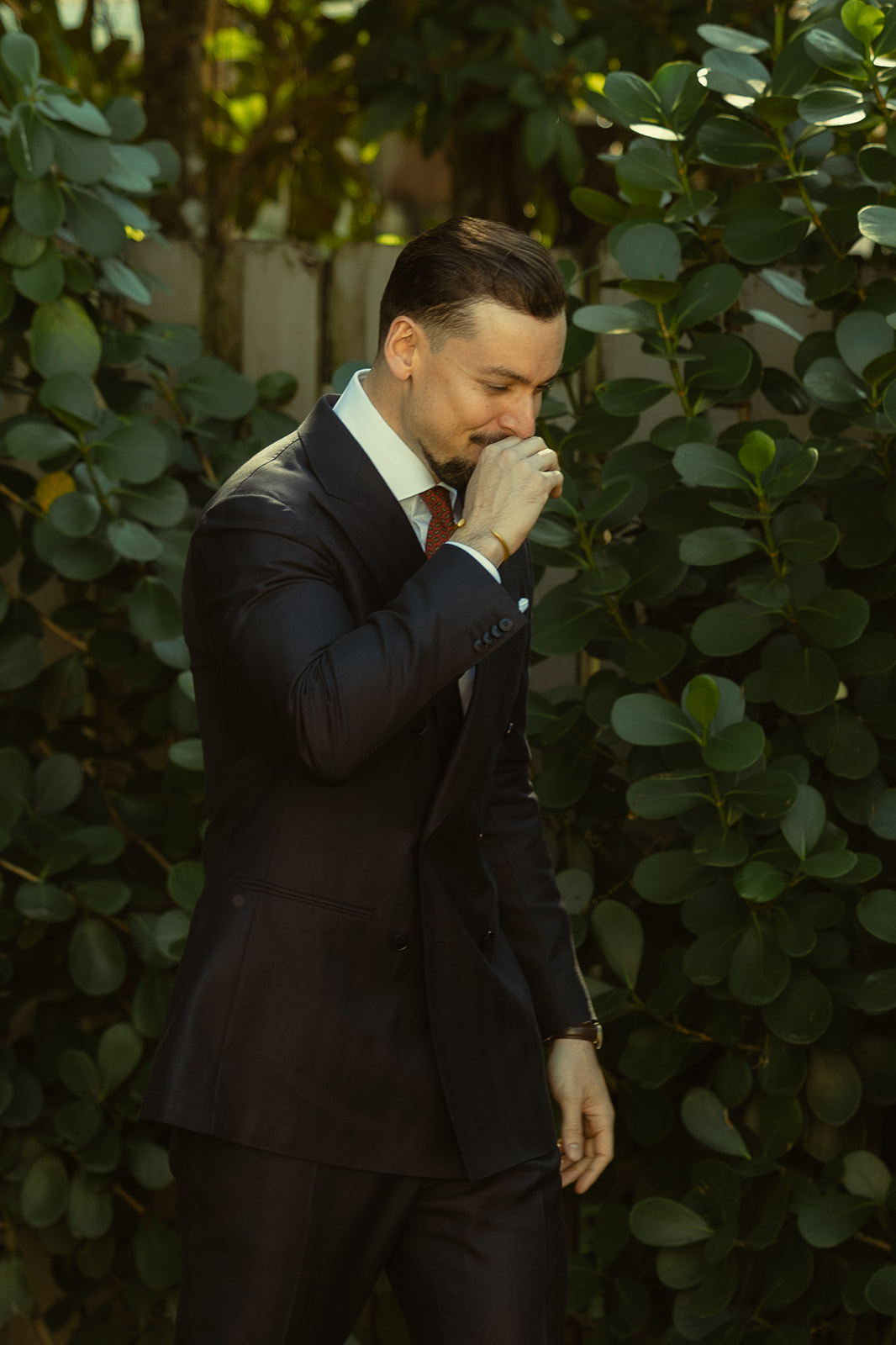 Emotional Groom during First Look dreamy and elevated intimate backyard wedding by Aileen Ayala Photography