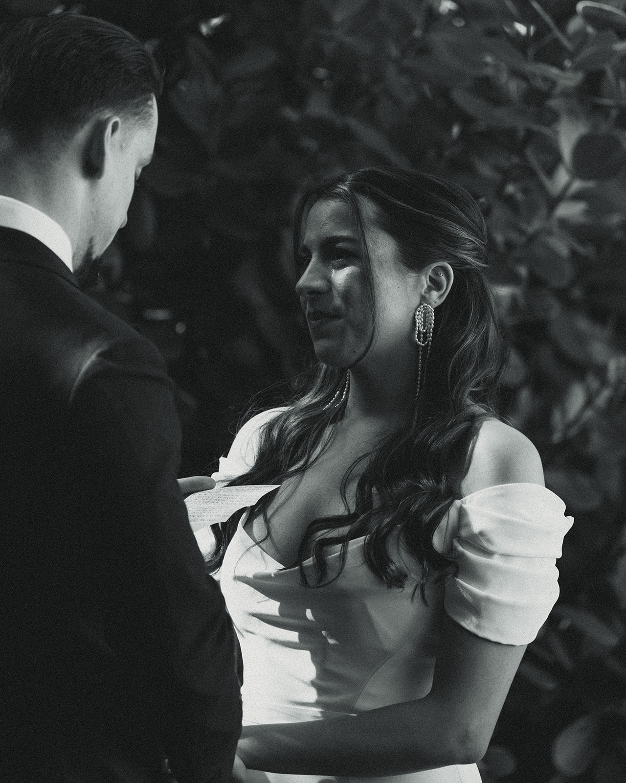 Black and White Bride & Groom Vow Exchange dreamy and elevated intimate backyard wedding by Aileen Ayala Photography