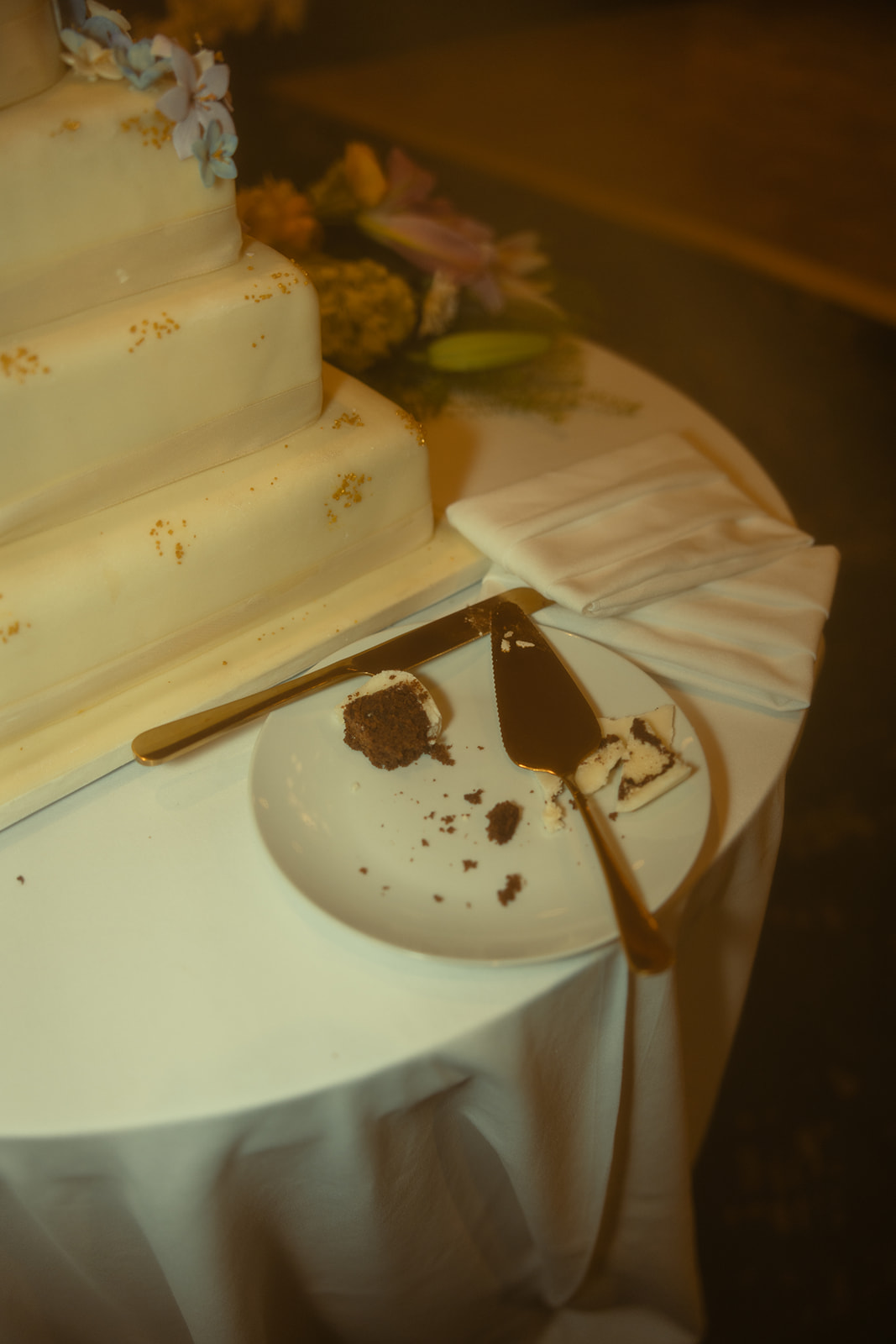 Cake Cutting Messy Table Photos Timeless Wedding in Mayfair Hotel & Garden