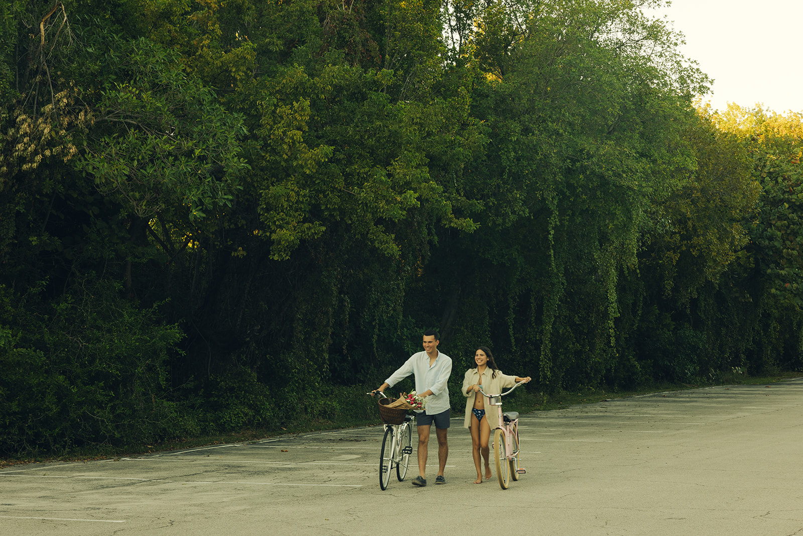 Documentary Bike Walking Couples Engagement Session In Miami Beach