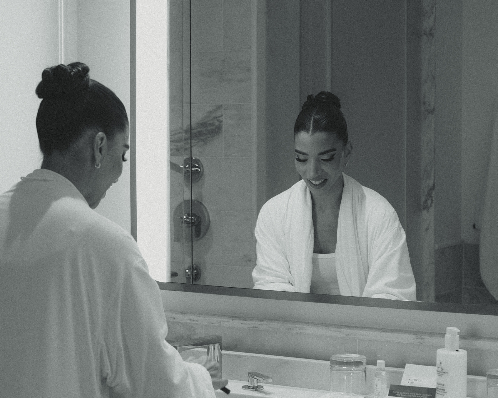 Bride Getting Ready in Suite for Wedding at JW Miami Turnberry Resort & Spa in Aventura, Florida in Black and White