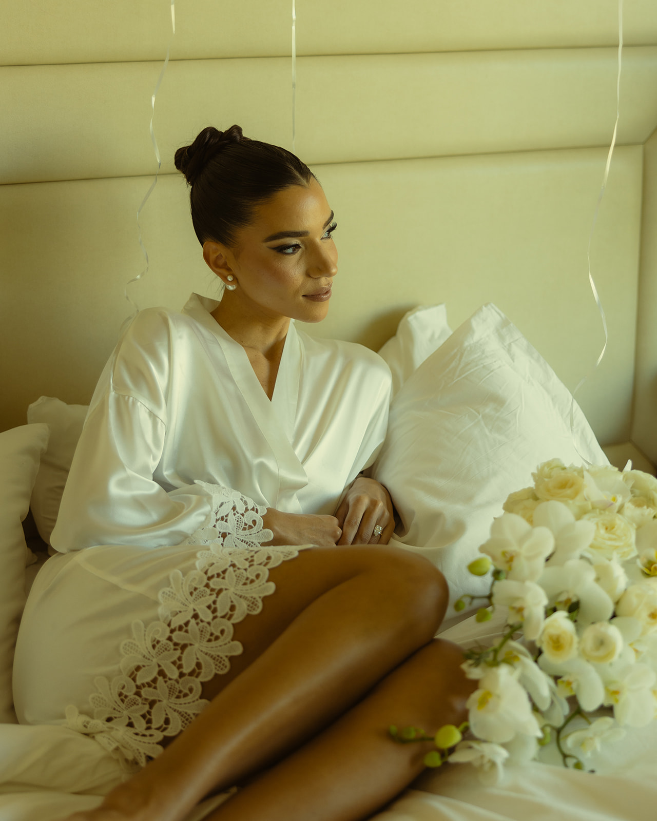 Luxurious and Elegant Bride Solo Portraits in Bride Robe Getting Ready Portraits for her Wedding at JW Miami Turnberry Resort & Spa in Aventura, Florida