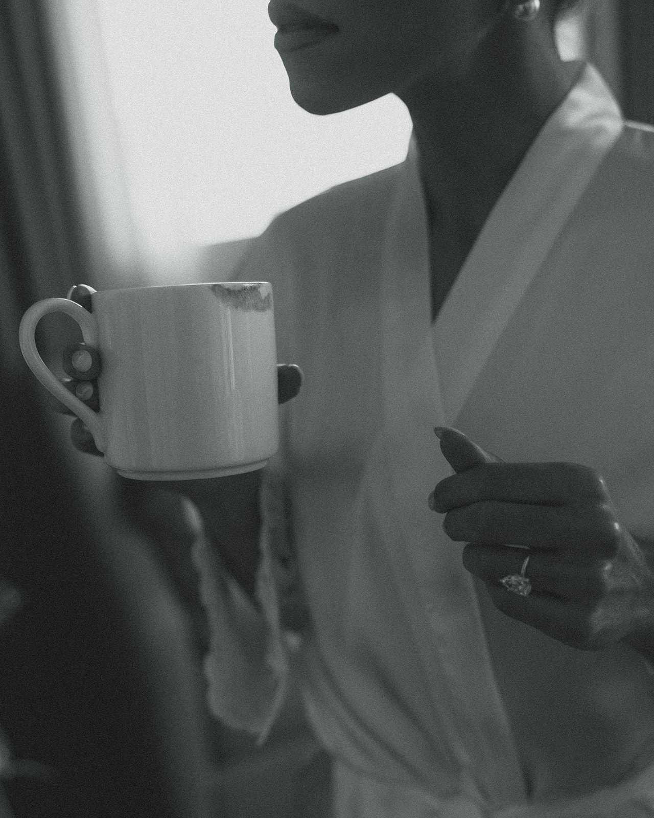 Brides Stained Lipstick on Coffee Mug with Diamond Engagement Ring in White Bride Robe at JW Miami Turnberry Resort & Spa in Aventura, Florida in Black and White