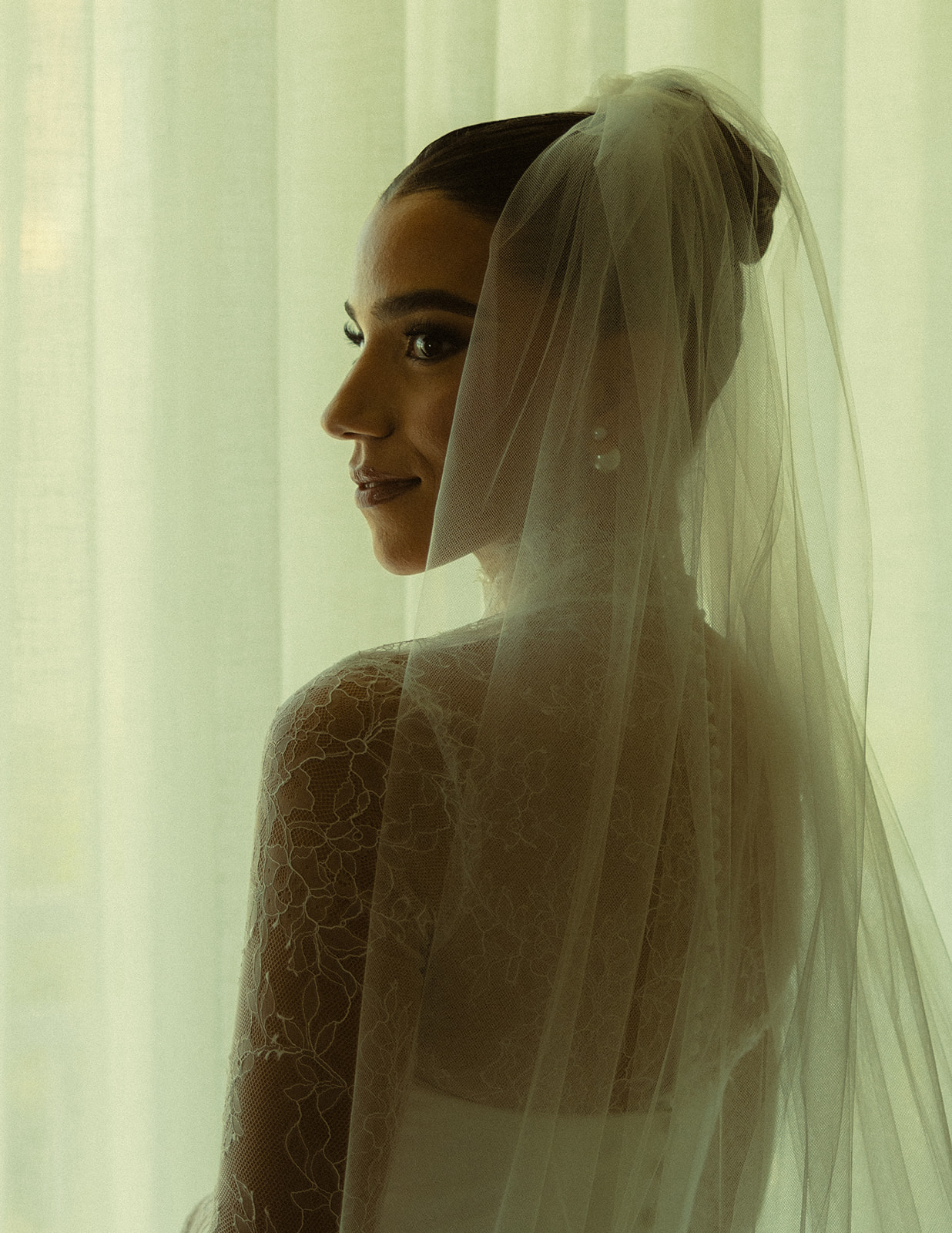 Elegant Smiling Bride Solo Portraits in Australia of Essense wedding dress with Mesh Turtle Neck at the JW Turnberry Resort in Aventura Florida Soft Wedding Glam 