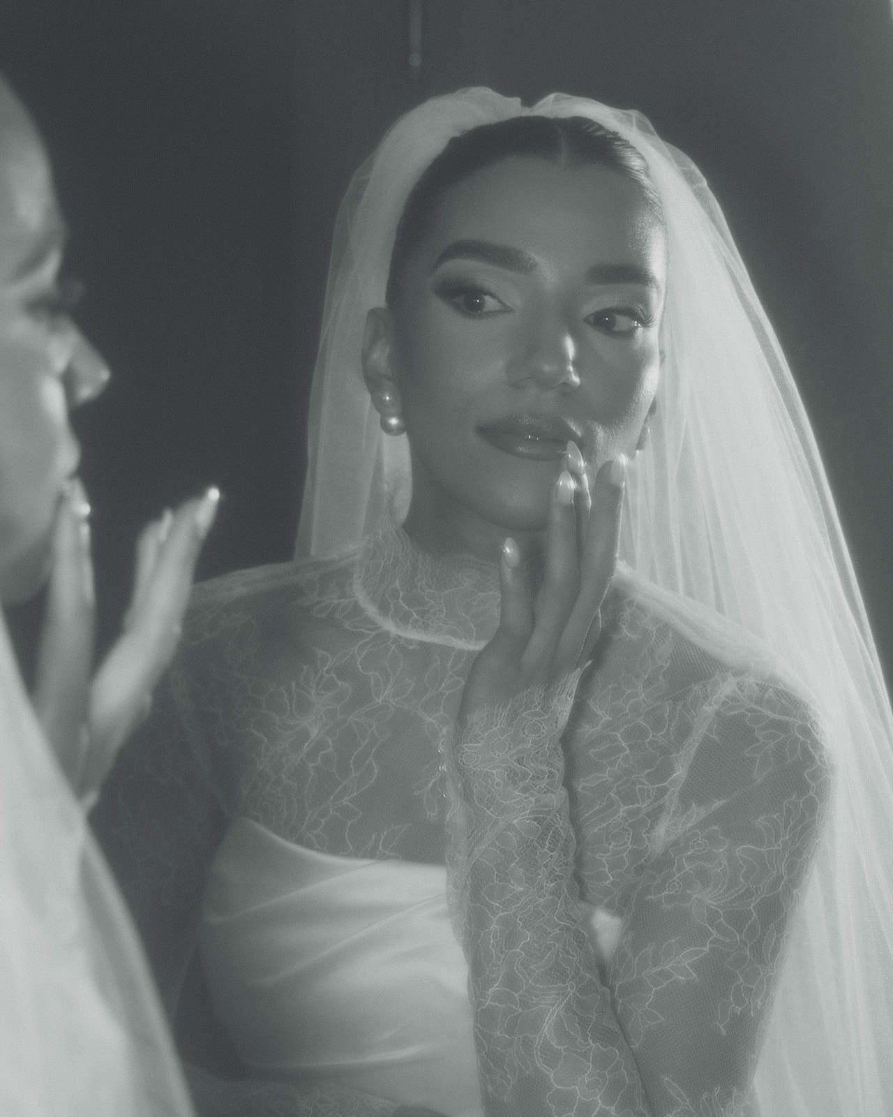 Soultry Wedding Bridal Portraits on Mirror at the JW Turnberry Resort in Aventura Florida Black and White