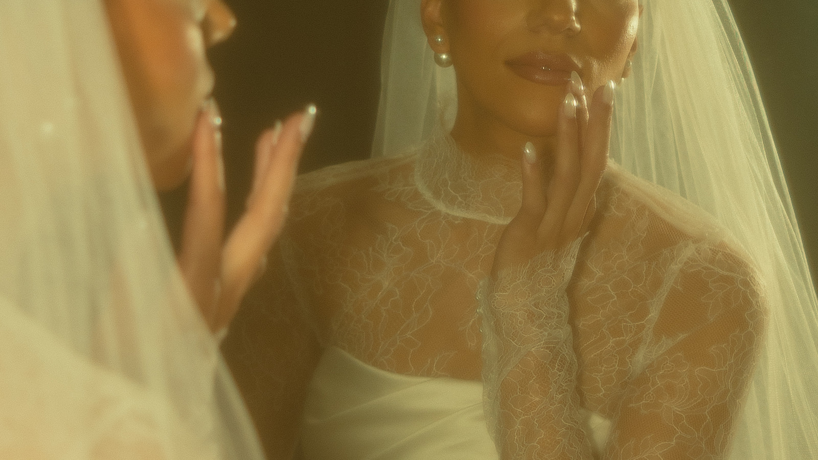 Soultry Wedding Bridal Portraits on Eclectic Mirror against Mirror, Pearly Shiny Wedding Nails at the JW Turnberry Resort in Aventura Florida Black and White