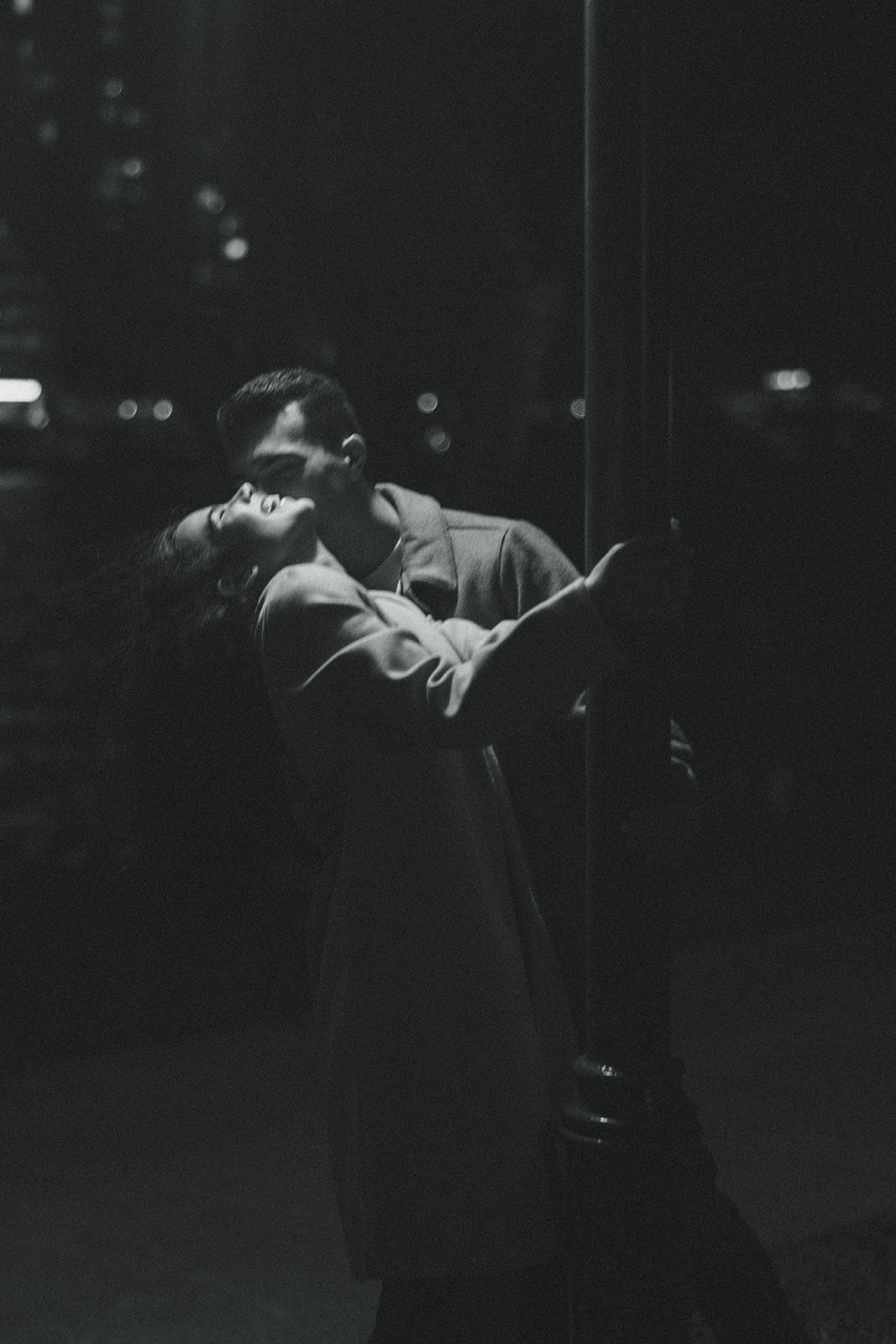 Candid B&W Under City Lights City Night Couples Engagement Session In Brickell Miami 