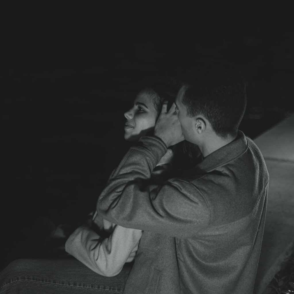 Candid City Lights at Night Couples Engagement Session In Brickell Miami  Black and White