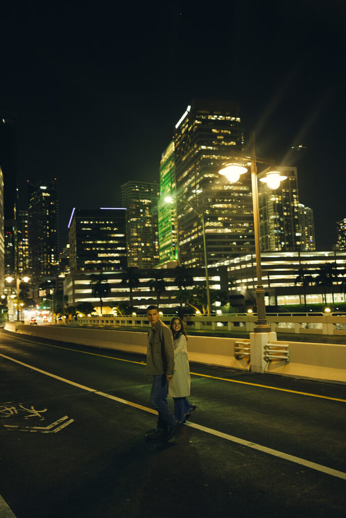 Documentary City Lights at Night Walking Couple Engagement Session In Brickell Miami 