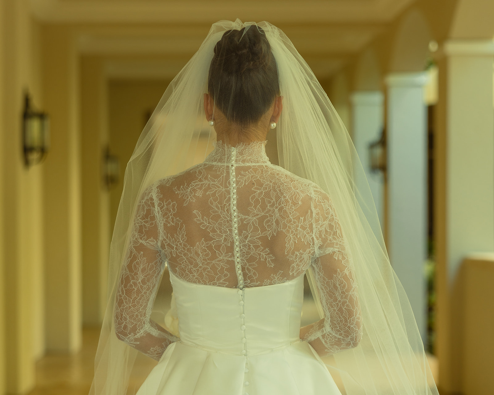 Up Close of Turtle Neck Mesh Essense of Australia Wedding Dress. Aventura Florida Wedding Photographer