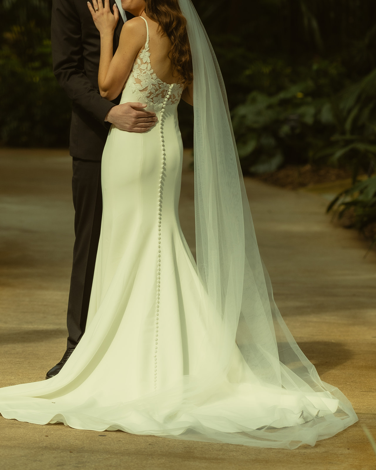 Newly Wed Details Portraits at Sunken Gardens Anthropology Wedding Dress Lace Floral Detail