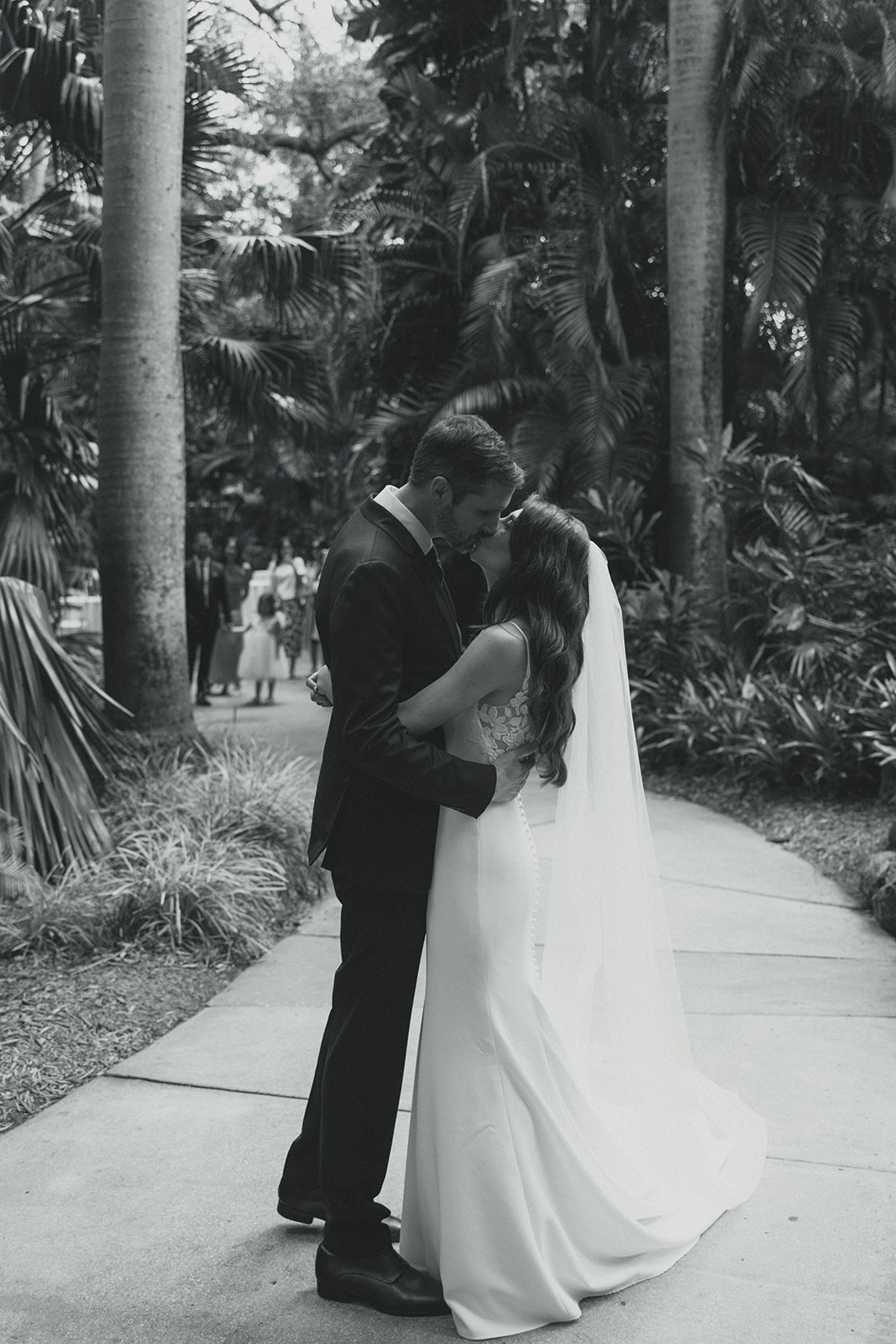 Bride & Groom Dreamy Wedding First Look at The Sunken Gardens in St.Petersburg in Black and White