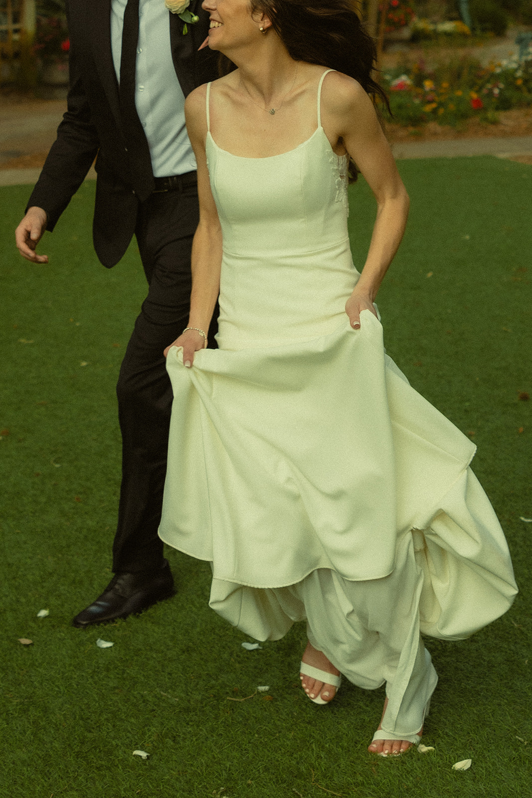 Running Bride Anthropology Wedding Dress in Sunken Garden Wedding in St.Petersburg