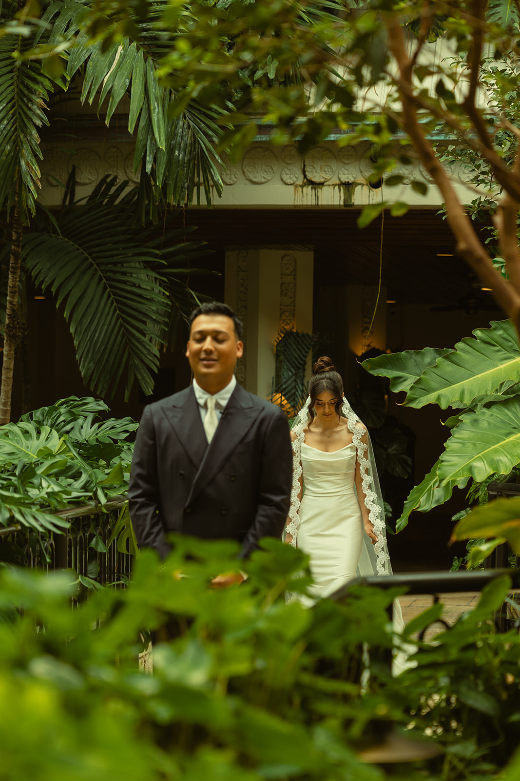 Bride and Groom First Look Timeless Wedding in Mayfair Hotel & Garden