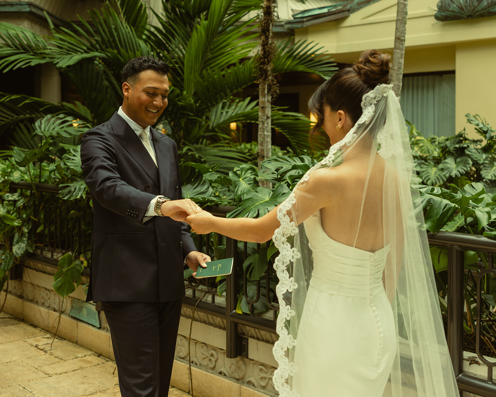 Groom Reaction during First Look Timeless Wedding in Mayfair Hotel & Garden