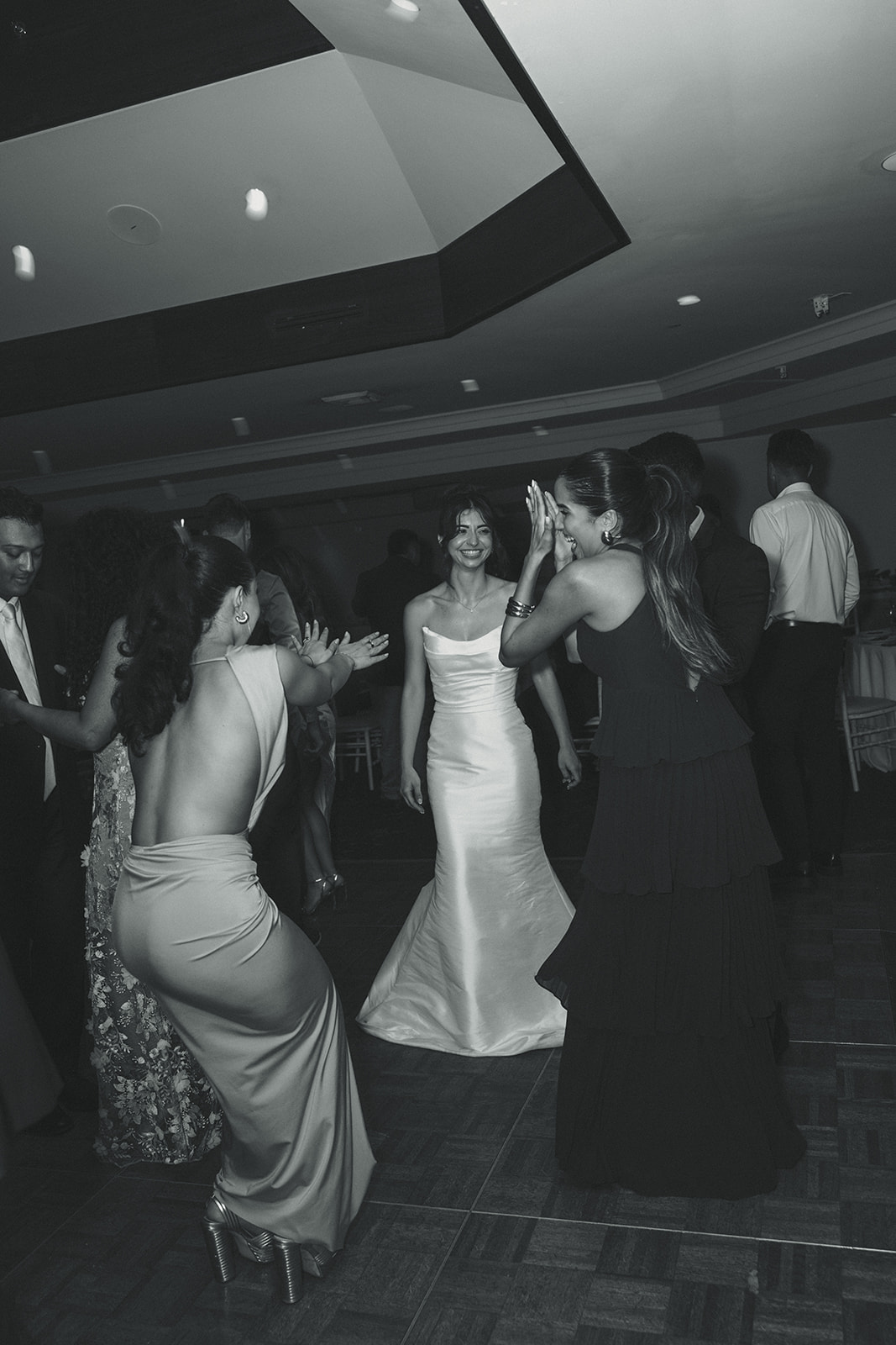 Bride and Best Friends Dancing Reception Candid Timeless Wedding in Mayfair Hotel & Garden Black and White