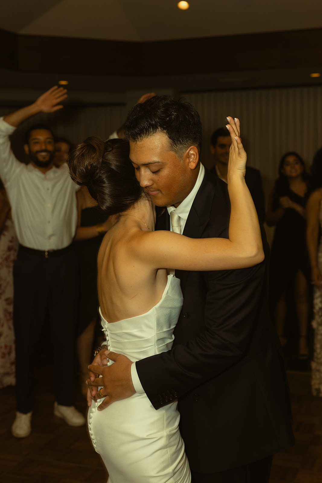 Bride and Groom Closely Dancing Reception Candid Timeless Wedding in Mayfair Hotel & Garden