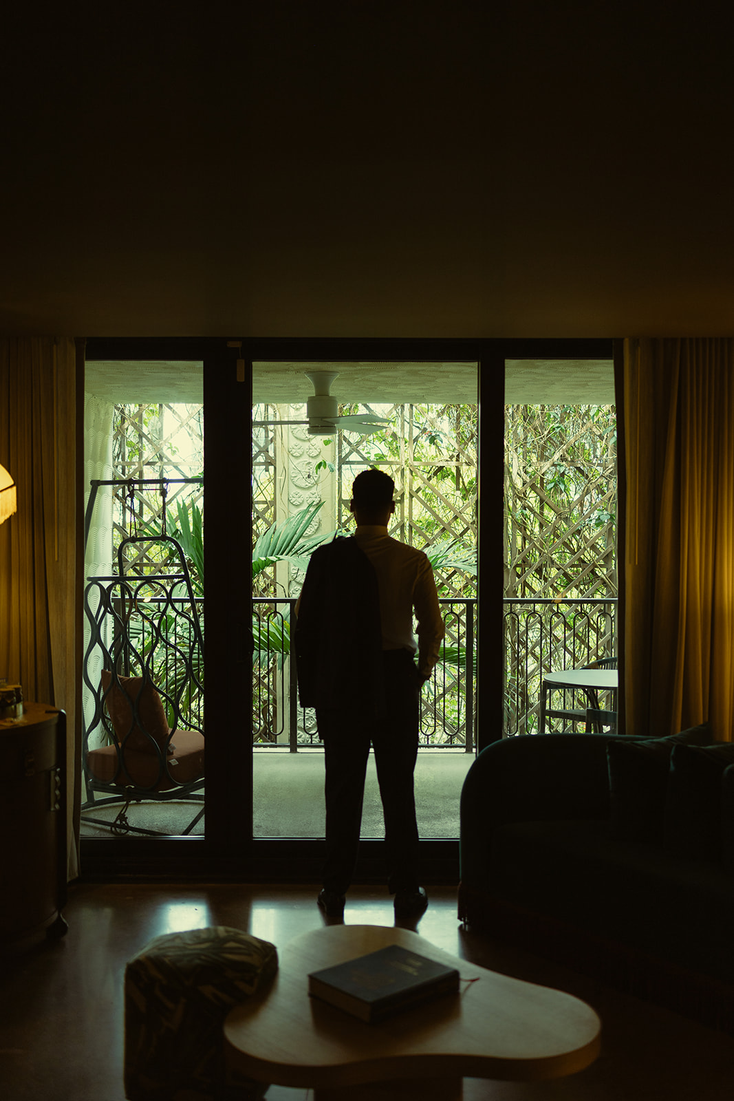 Groom Silhouette in Mayfair Suite Editorial Wedding in Mayfair Hotel & Garden