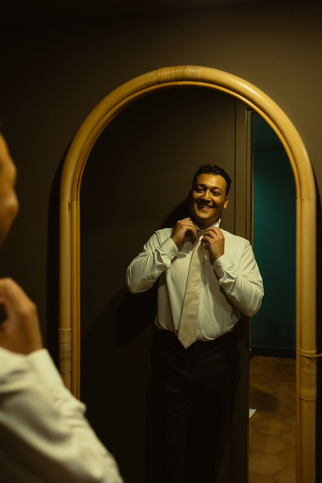 Groom Getting Ready Mirror Photograph Documentary Wedding in Mayfair Hotel & Garden