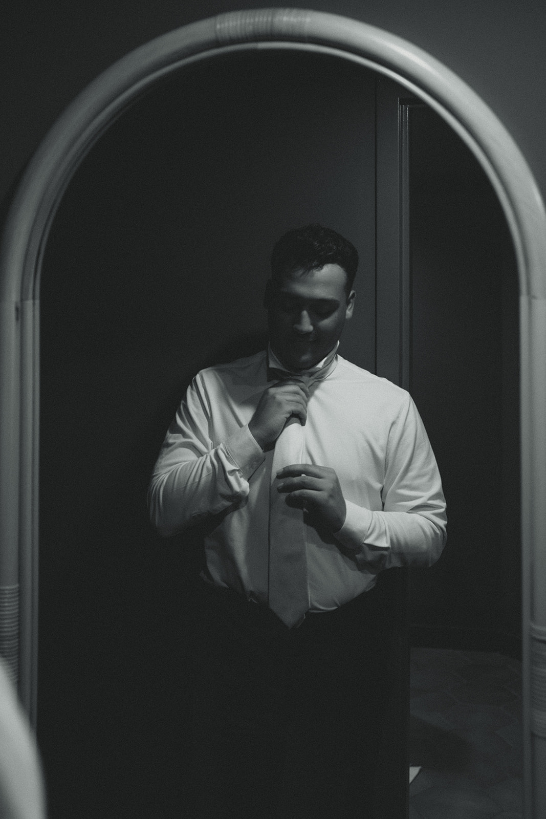 Groom Getting Ready Mirror Photograph Documentary Wedding in Mayfair Hotel & Garden Black and White