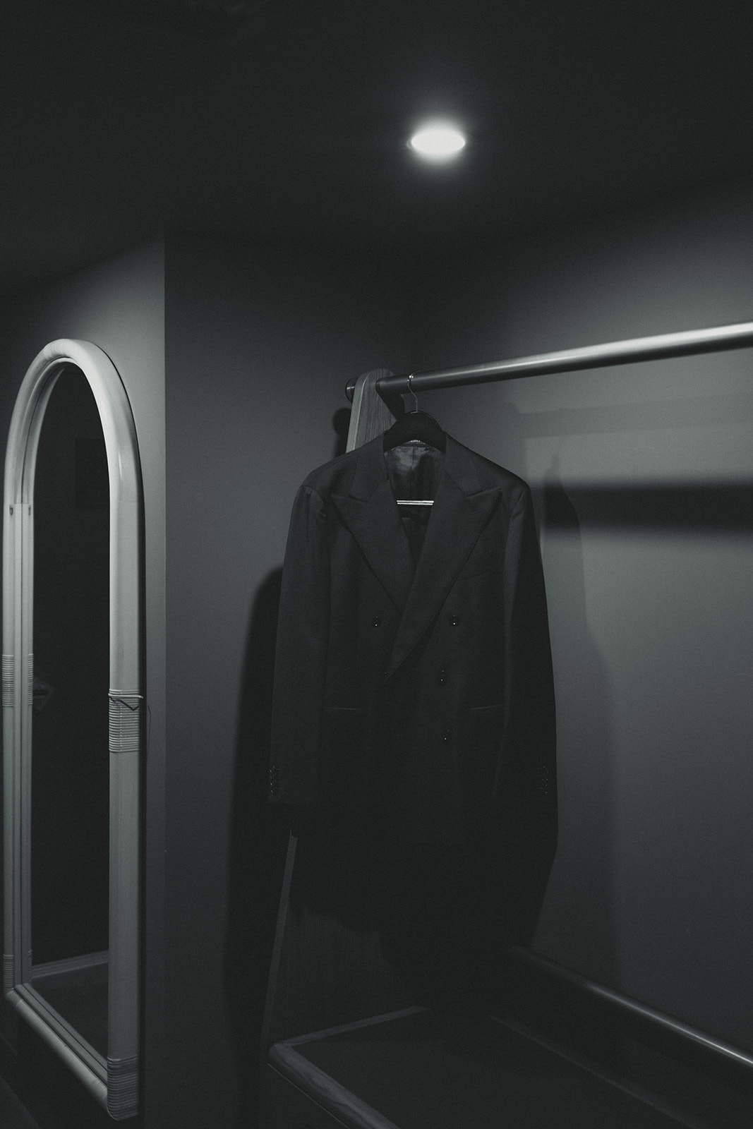 Groom Suit Hung Timeless Wedding in Mayfair Hotel & Garden Black and White