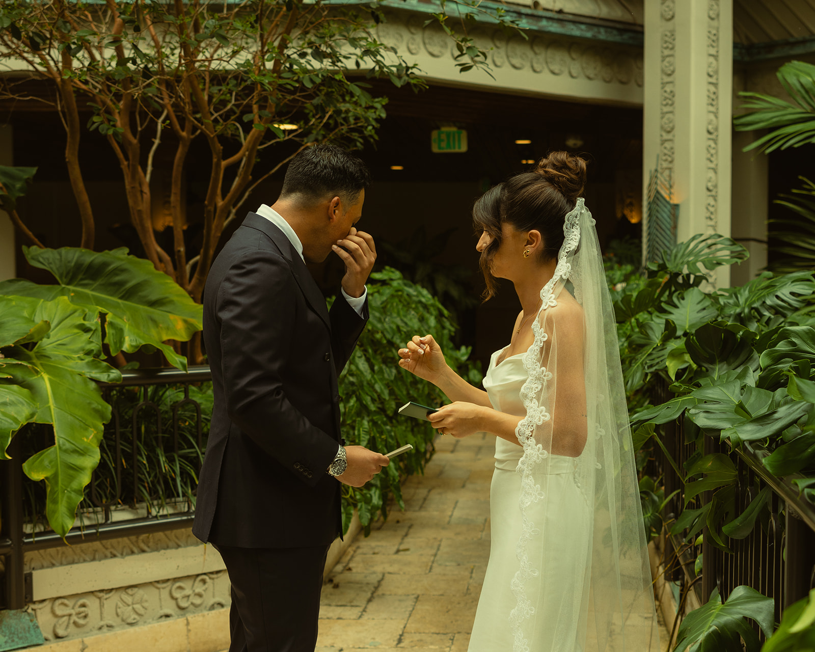 Groom Crying during Vow Exchange Timeless Wedding in Mayfair Hotel & Garden