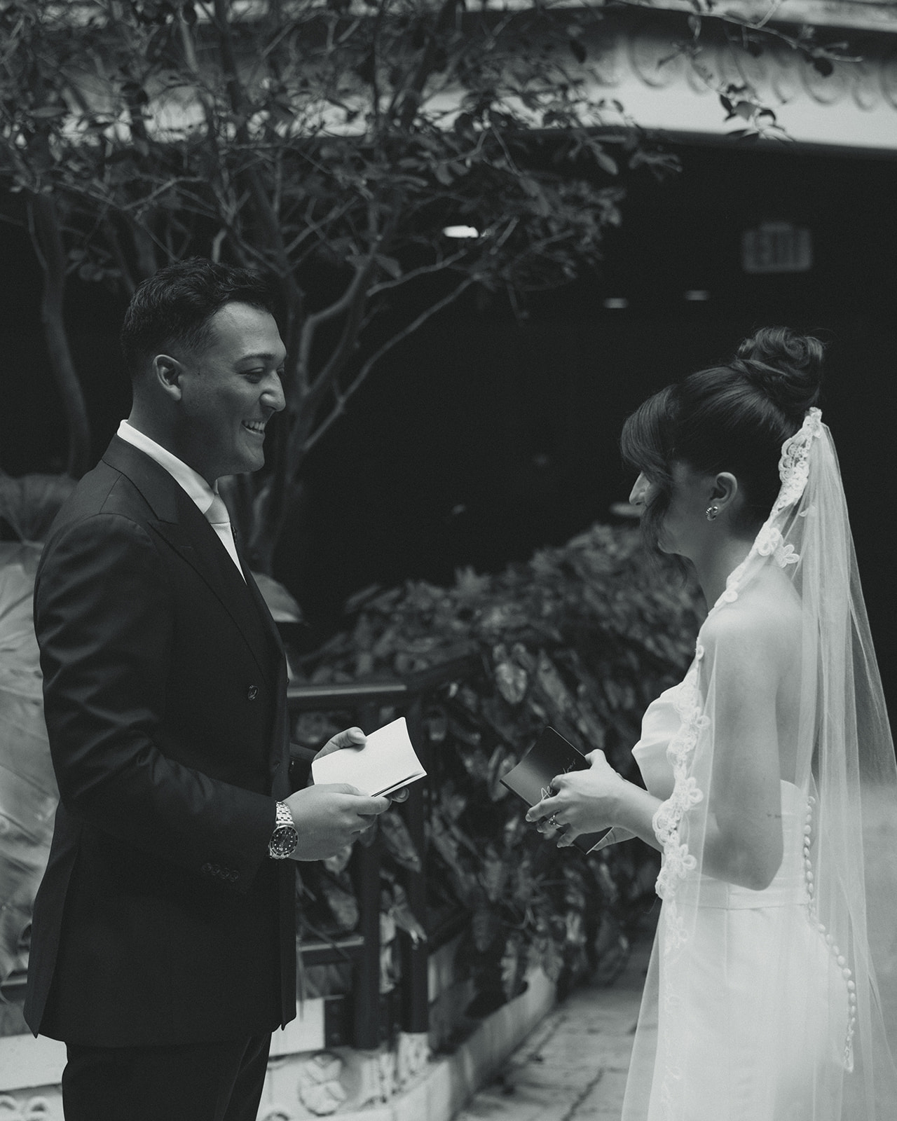 Bride & Groom Vow Exchange Timeless Wedding in Mayfair Hotel & Garden Black and White