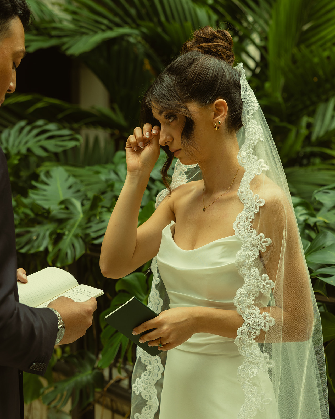 Bride Crying during Vow Exchange Timeless Wedding in Mayfair Hotel & Garden