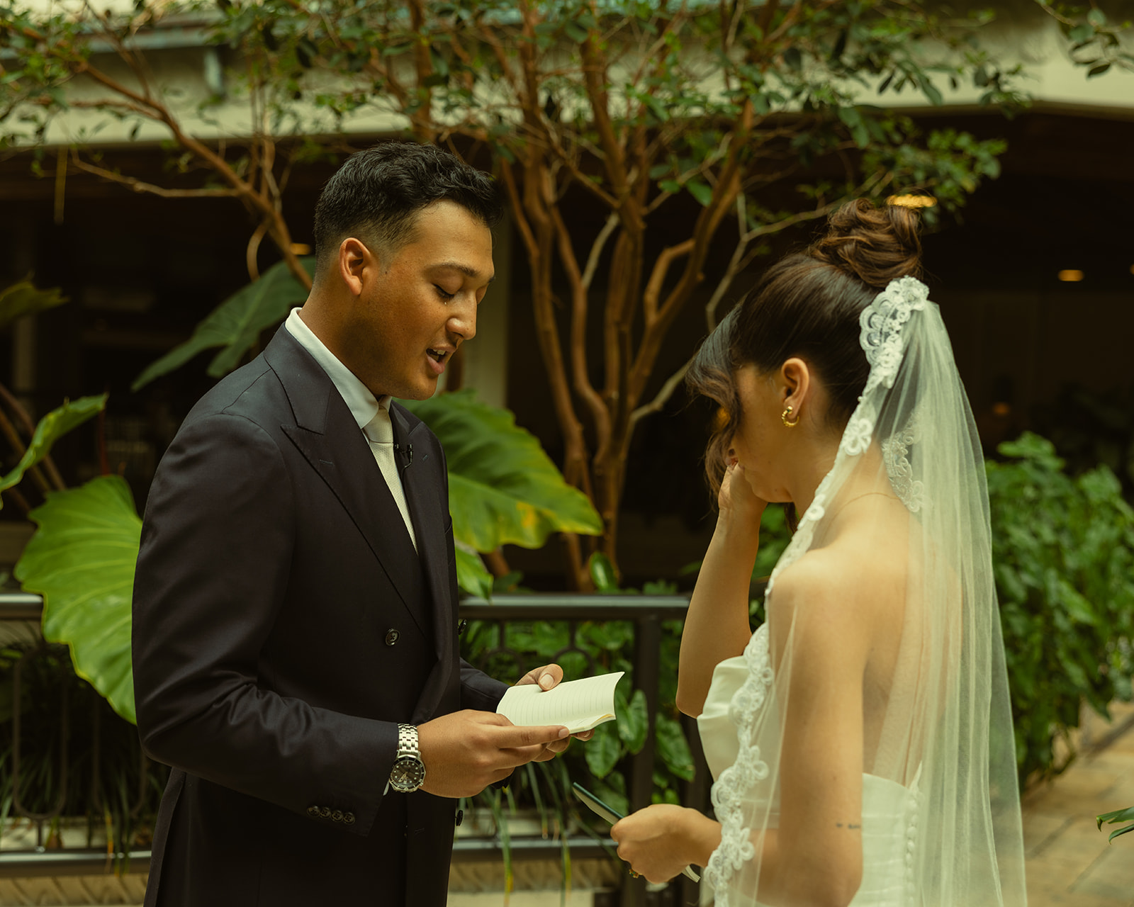 Bride and Groom Crying during Vow Exchange Timeless Wedding in Mayfair Hotel & Garden