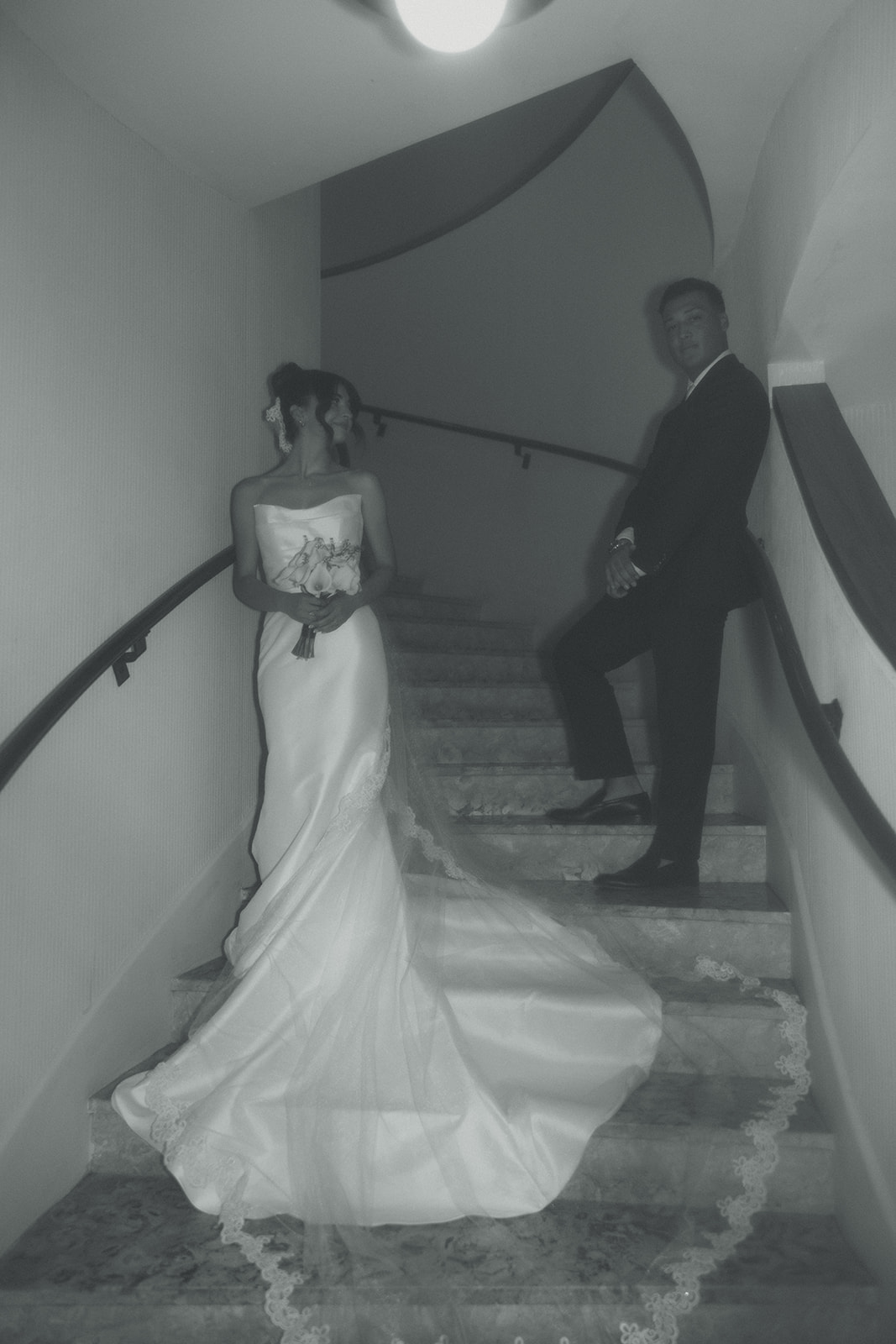 Groom & Bride Wedding Portraits  on Stairs Timeless Wedding in Mayfair Hotel & Garden