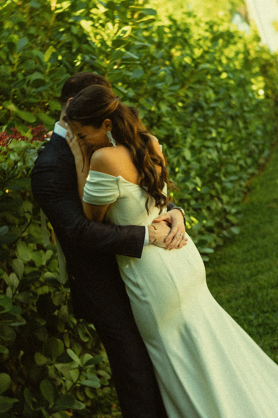 Hugging Grainy Bride & Groom couple portraits dreamy and elevated intimate backyard wedding by Aileen Ayala Photography