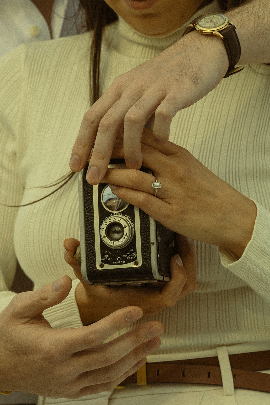 Sailboat Engagement NYC Harbor with Vintage Film Camera as a Prop