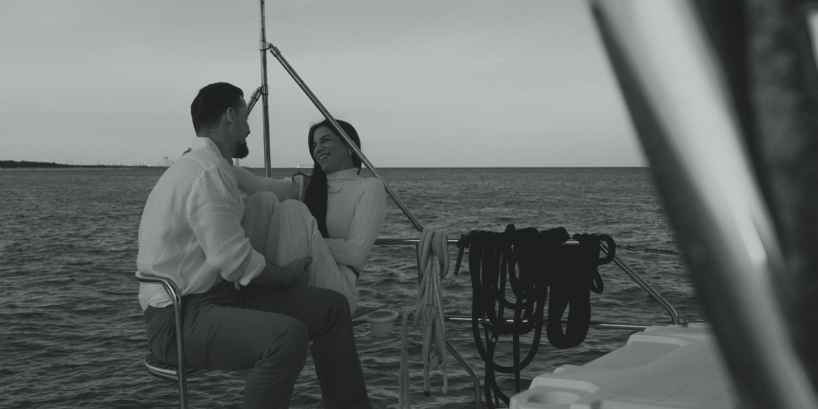 Cinematic Sailboat Couples Session in Miami, NYC Harbor Influence Black and White