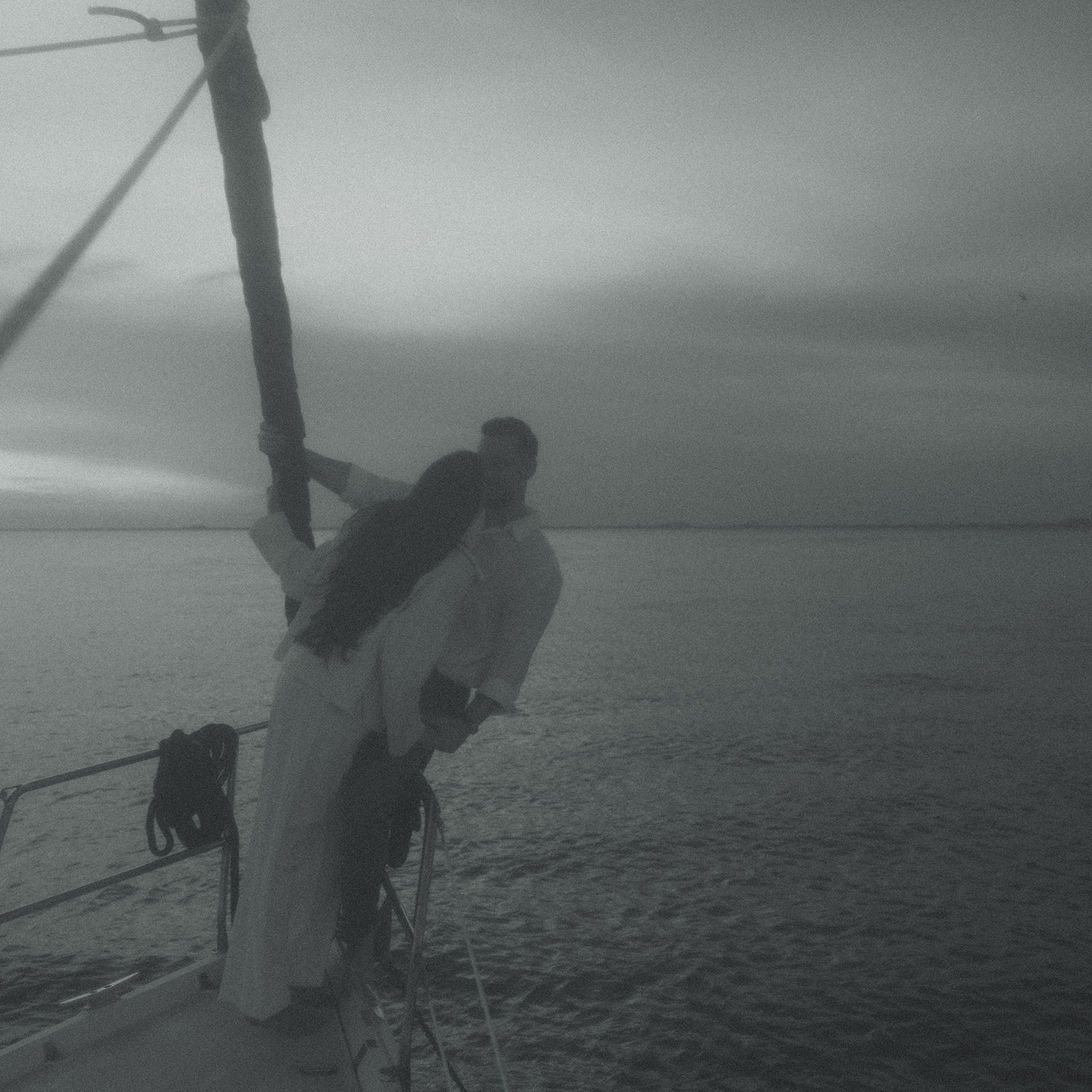 Sailboat Engagement Session in Miami, Hugging Couple Black and White