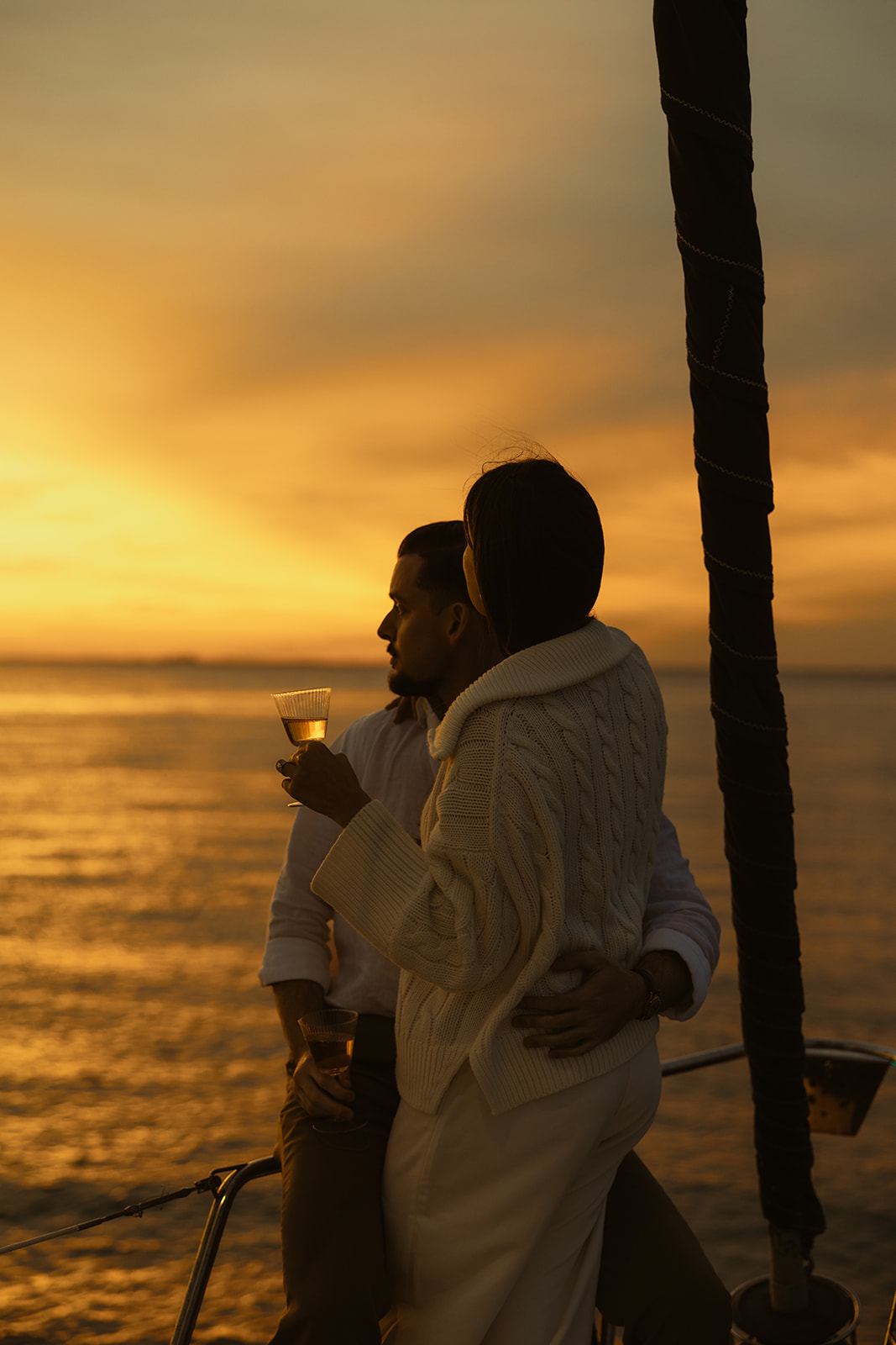 Sailboat Engagement Session in Miami, Drinking Rose and Engagement Ring, and Miami sunset 