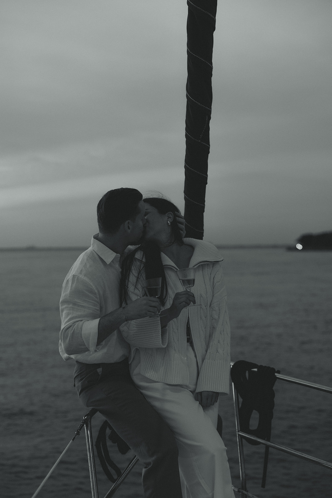 Sailboat Engagement Session in Miami, Drinking Rose and Engagement Ring, in black and white