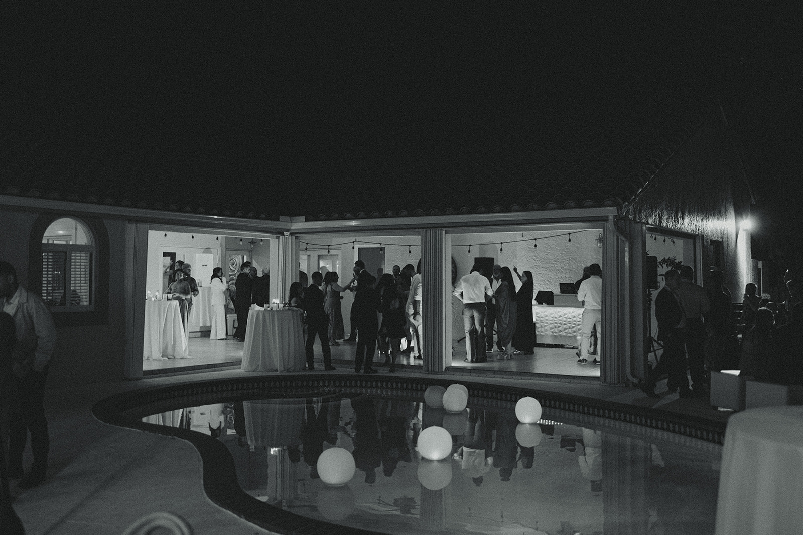 dancing reception space in black and white dreamy and elevated intimate backyard wedding by Aileen Ayala Photography 