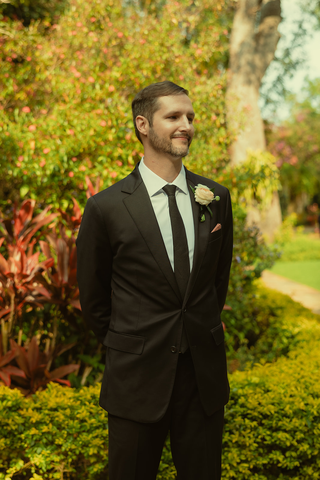 Smiling Groom watching bride walk down aisle St.Petersburg Wedding Photographer